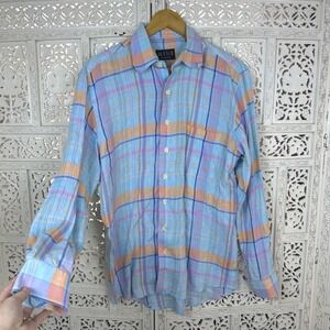 Mine Colorful Plaid 100% Linen Button Down Shirt Mens Medium Preppy Lightweight